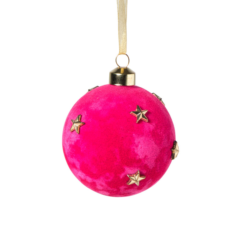 Kerstbal velvet met sterren - roze/goudkleurig