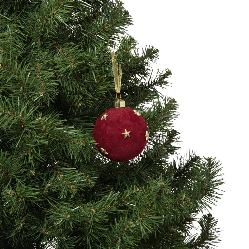 Kerstbal velvet met sterren - rood/goudkleurig