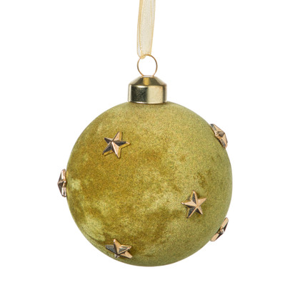 Kerstbal velvet met sterren - groen/goudkleurig
