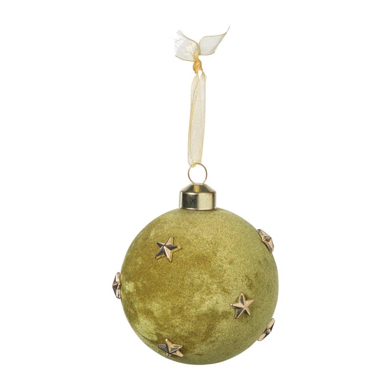 Kerstbal velvet met sterren - groen/goudkleurig