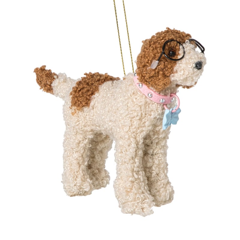 Kersthanger labradoodle met bril - bruin/wit - 14.5x9.5x3.3 cm