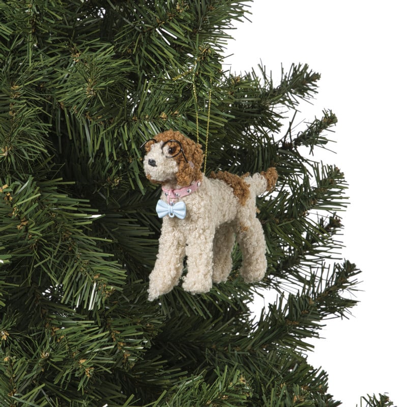 Kersthanger labradoodle met bril - bruin/wit - 14.5x9.5x3.3 cm