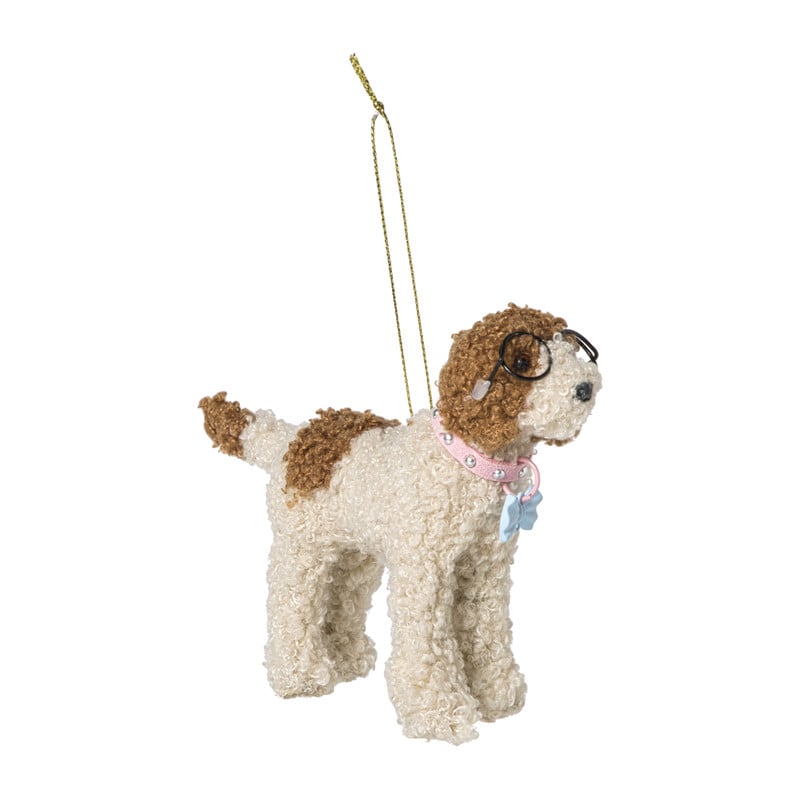 Kersthanger labradoodle met bril - bruin/wit - 14.5x9.5x3.3 cm