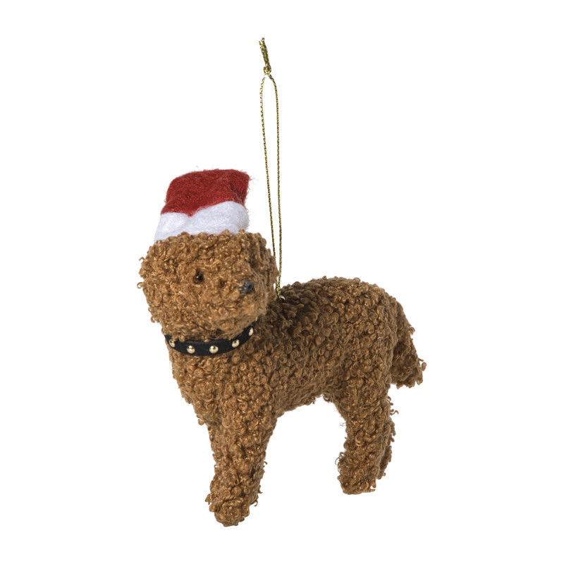 Kersthanger labradoodle met kerstmuts - bruin/rood - 12x10x4 cm