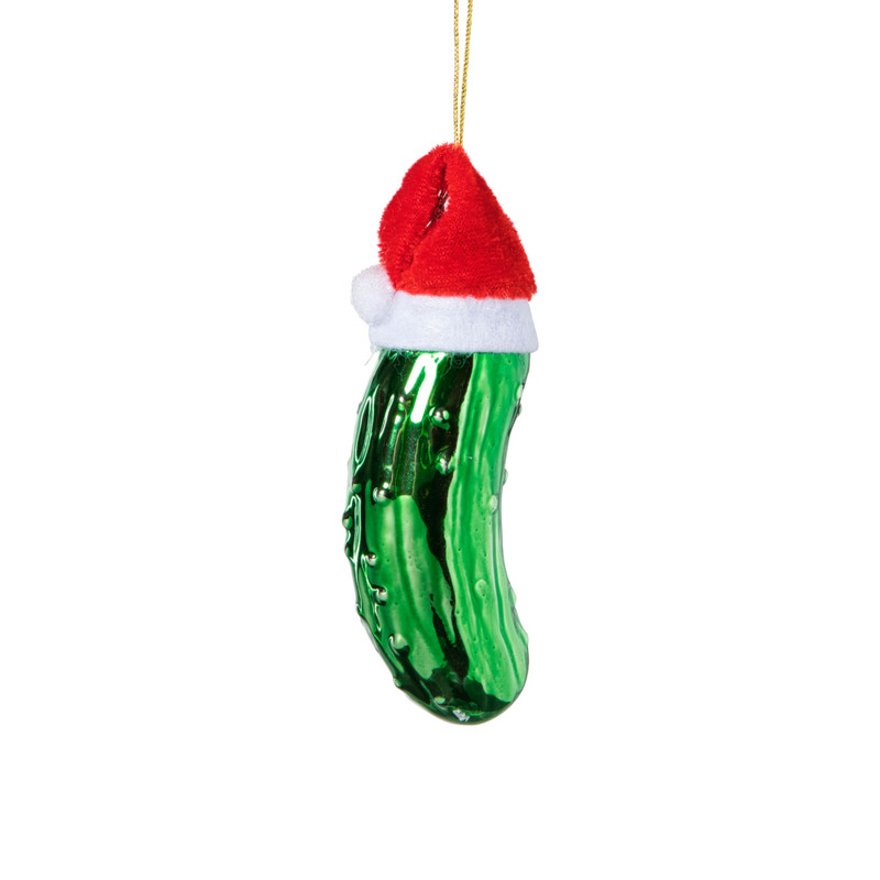 Kersthanger augurk met kerstmuts - groen - 11x3.5x3.2 cm