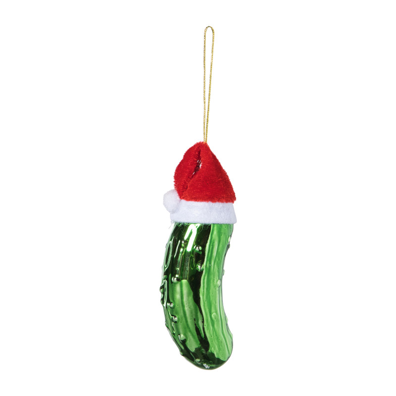 Kersthanger augurk met kerstmuts - groen - 11x3.5x3.2 cm