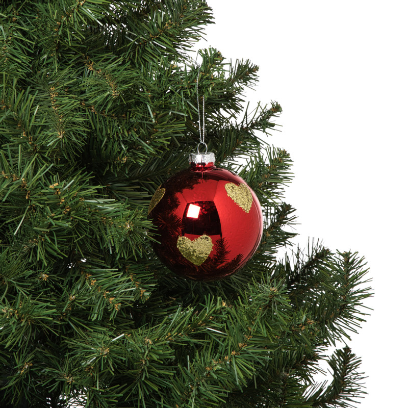 Kerstbal met gouden hartjes - rood/goud