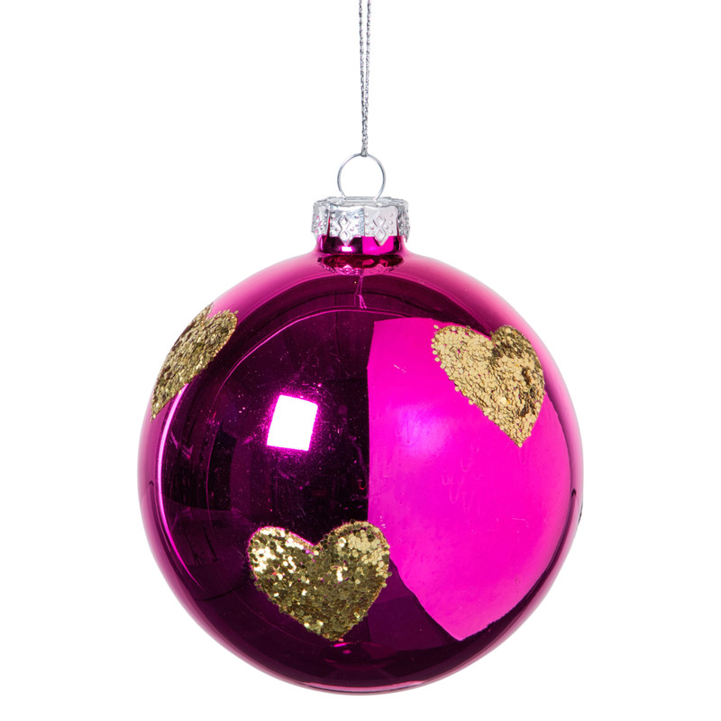 Kerstbal met gouden hartjes - roze/goud