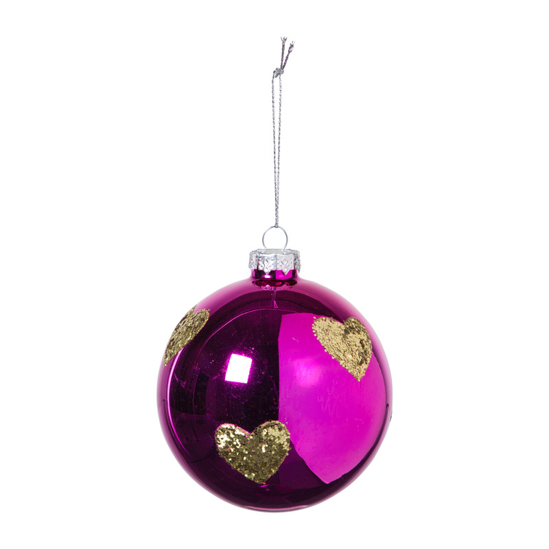 Kerstbal met gouden hartjes - roze/goud