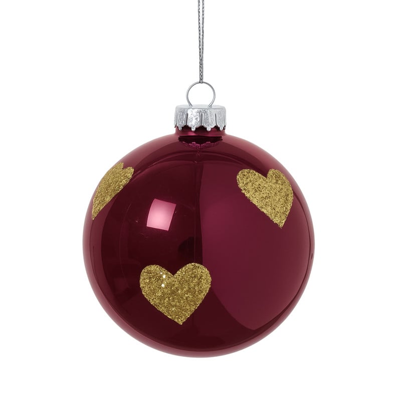 Kerstbal met gouden hartjes - paars/goud