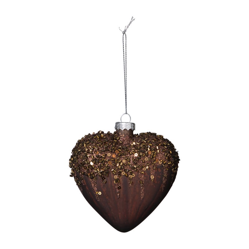 Kersthanger hart met glitters - bruin - 4x10 cm