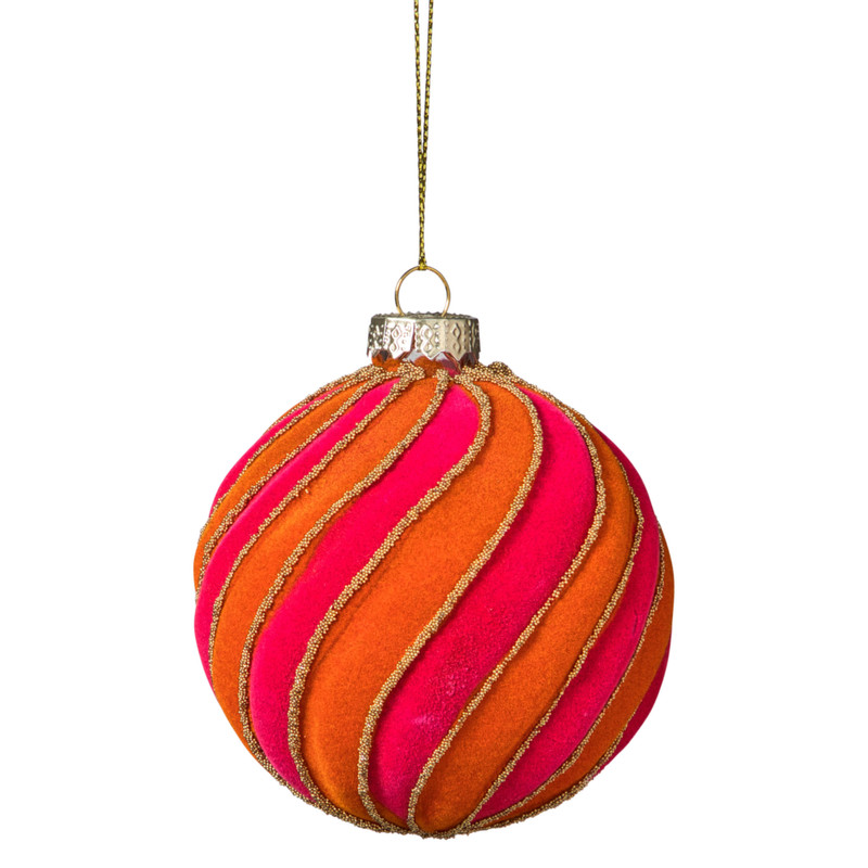 Kerstbal swirl velvet - roze/oranje