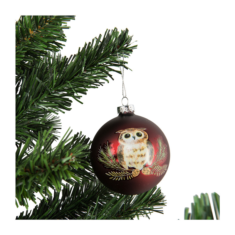 Kerstbal bordeaux uil - glas