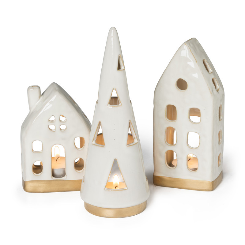 Theelichthouder huis - glazed - 6.5x4.5x16.5 cm