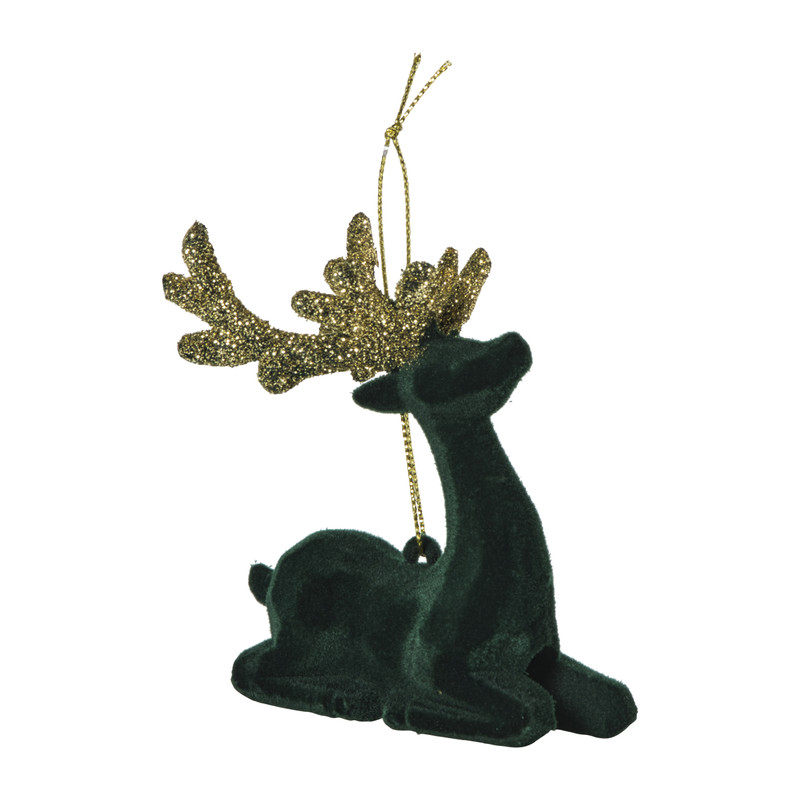 Kersthanger rendier liggend - goudkleurig/zwart - 8x9 cm