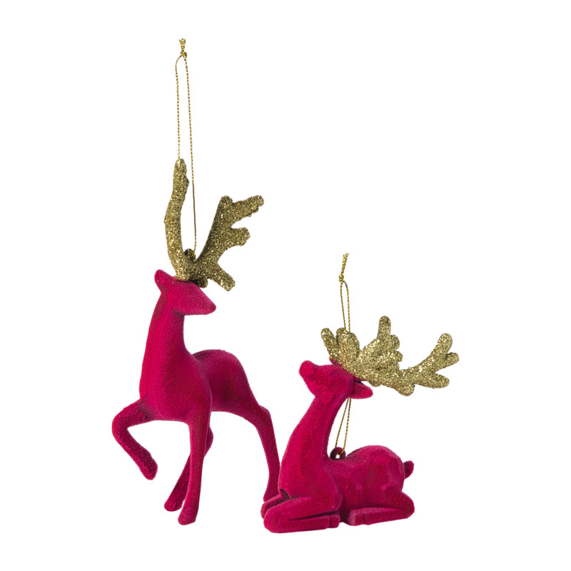 Kersthanger rendier liggend - roze -  8x9 cm