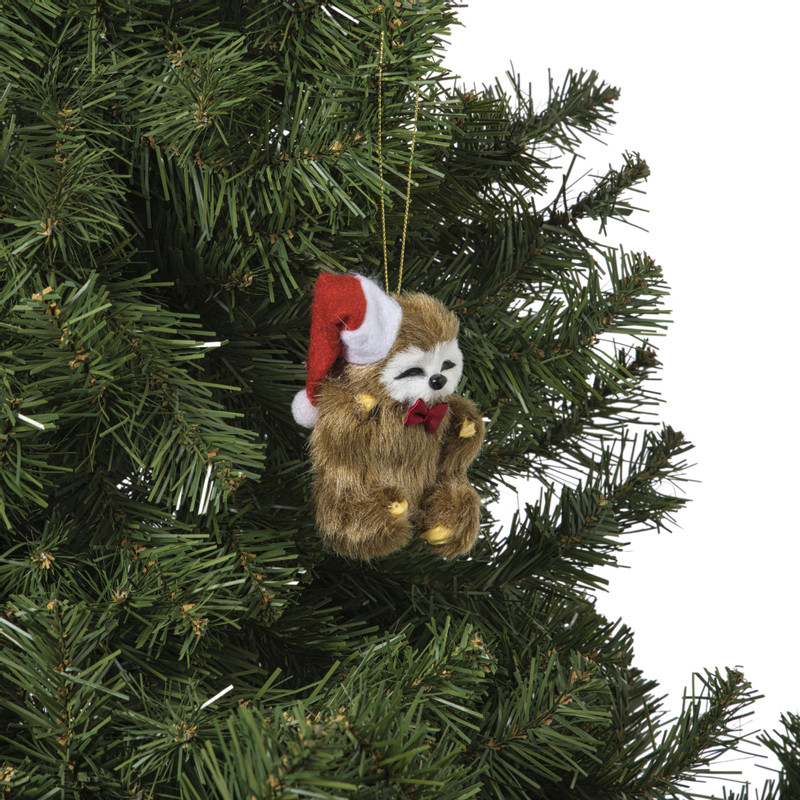 Kersthanger luiaard met kerstmuts - bruin/rood - 8.5x6.5x7 cm