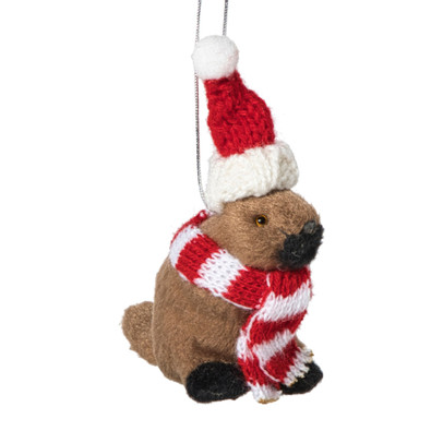 Kersthanger bever met kerstmuts - bruin/rood - 8x7x4  cm