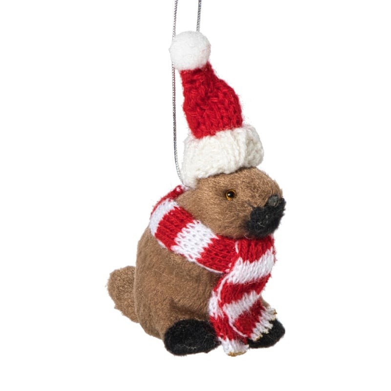 Kersthanger bever met kerstmuts - bruin/rood - 8x7x4  cm