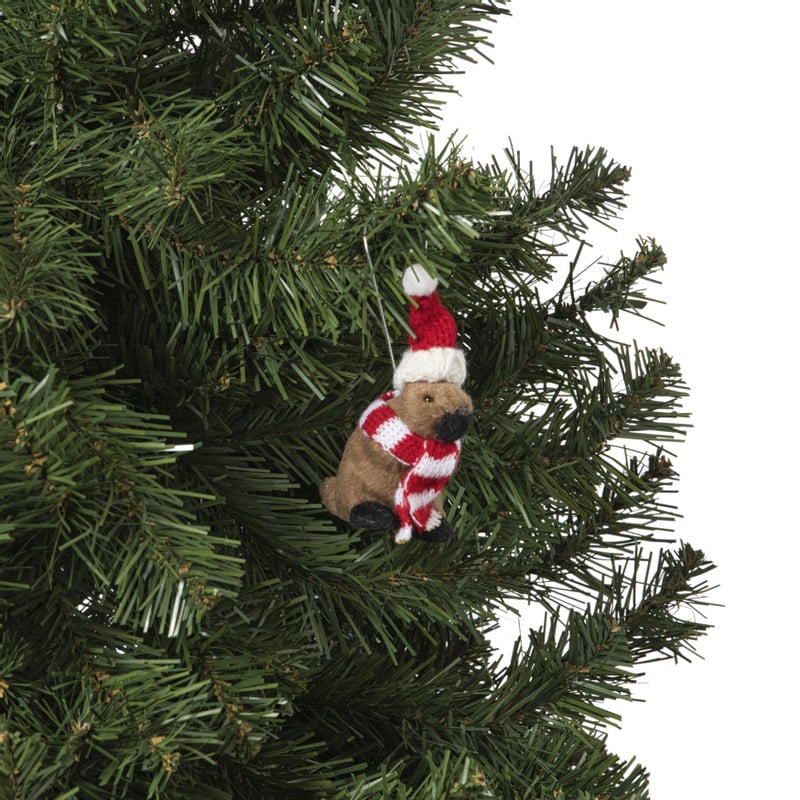 Kersthanger bever met kerstmuts - bruin/rood - 8x7x4  cm