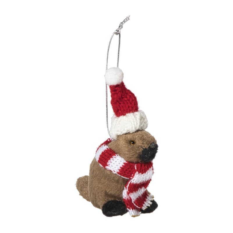 Kersthanger bever met kerstmuts - bruin/rood - 8x7x4  cm