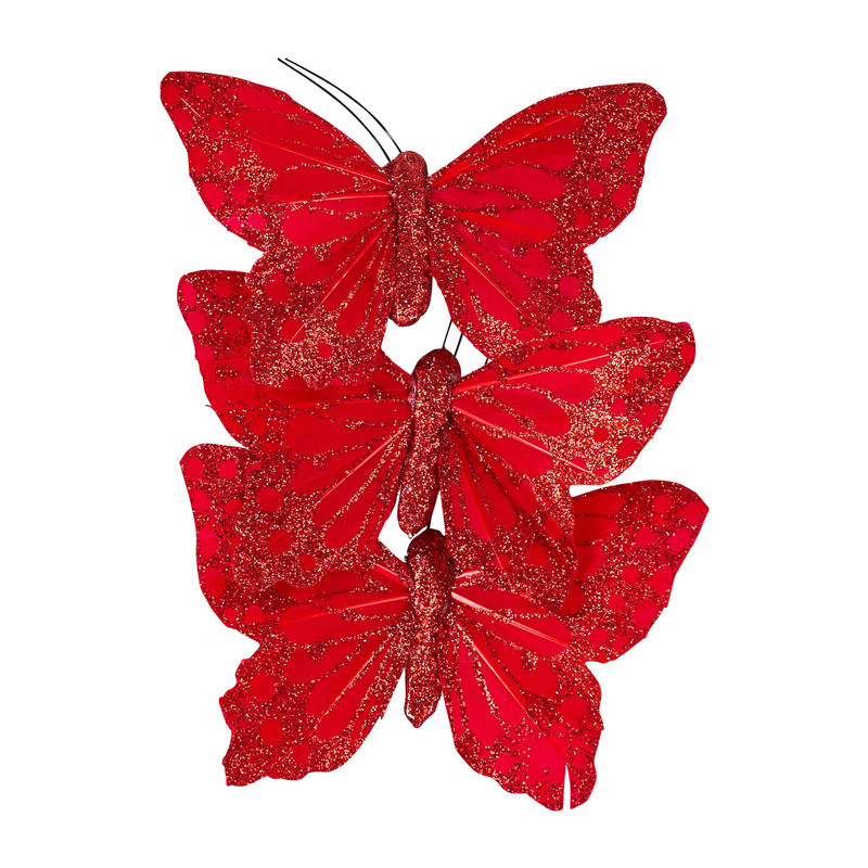 Vlinders op clip - rood - 3 stuks