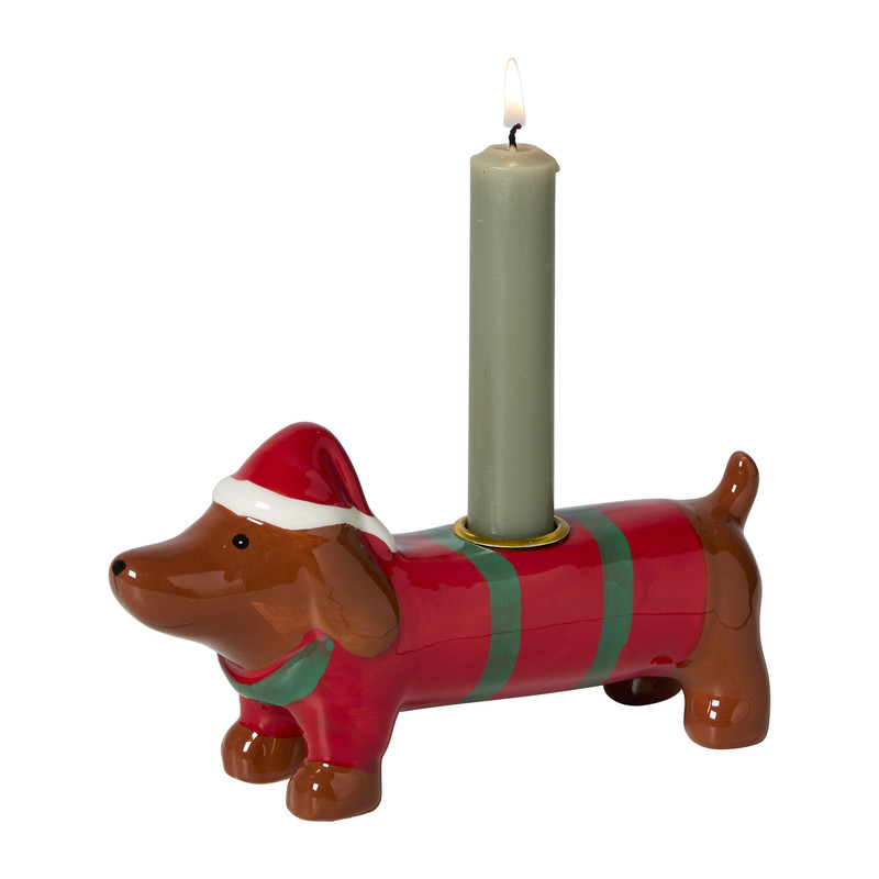 Kerst kandelaar teckel - bruin - 9x18x5.5 cm