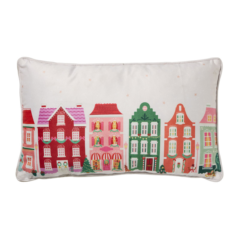 Kerstkussen huisjes - multikleur - 30x50 cm