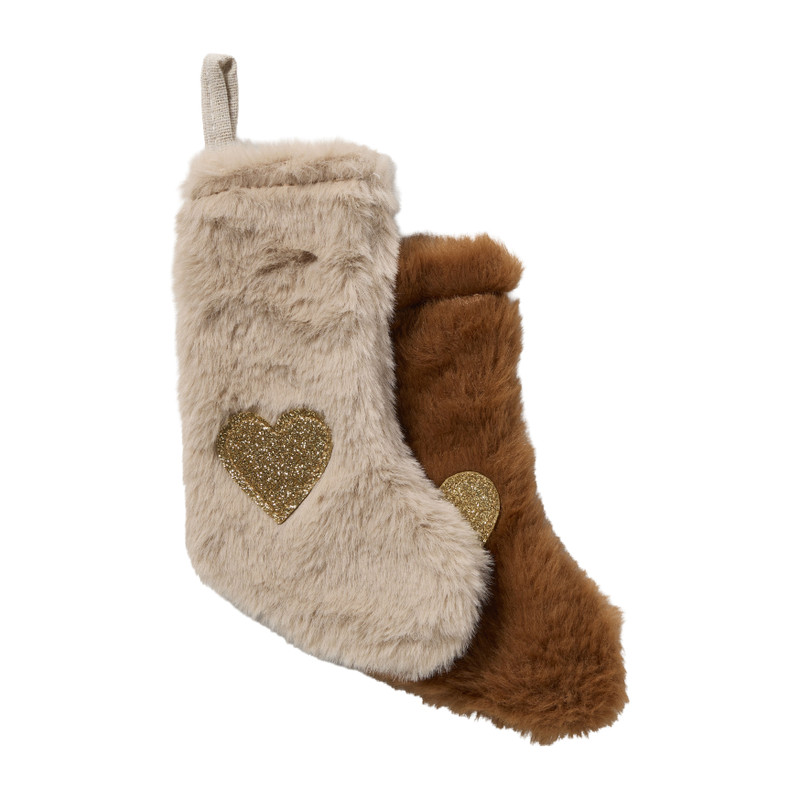 Kerstsok hanger met hartje - beige/bruin - 10x15 cm - diverse varianten 