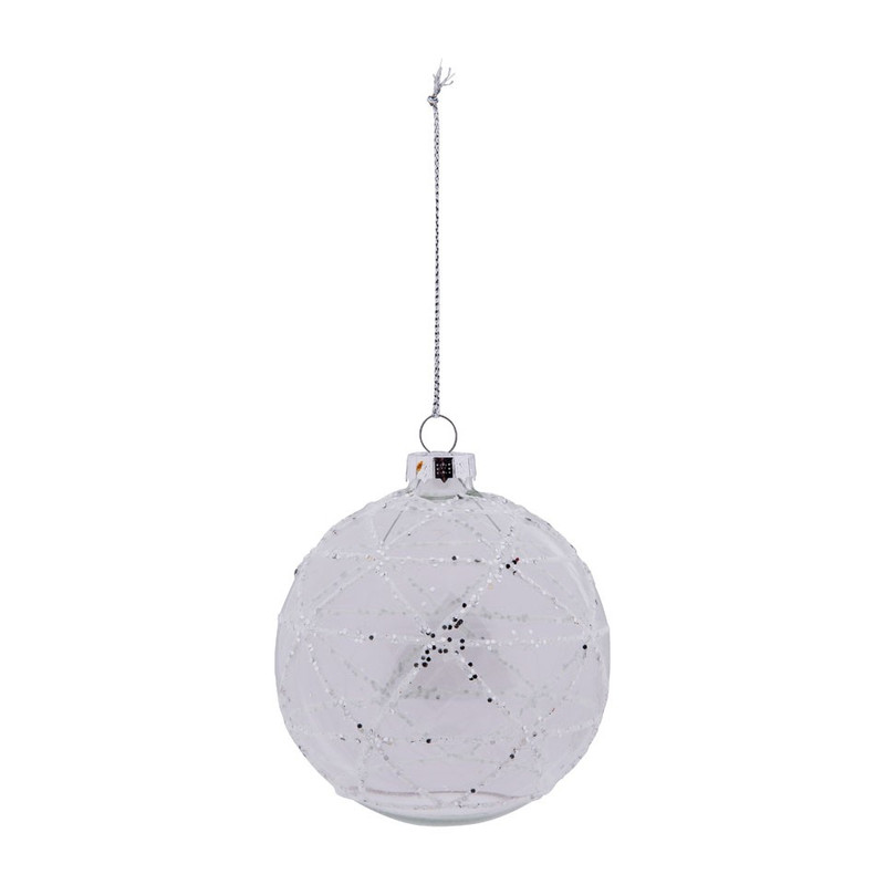 Glazen kerstbal met witte strepen - transparant - 8 cm