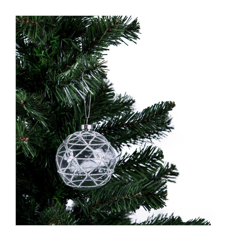 Glazen kerstbal met witte strepen - transparant - 8 cm