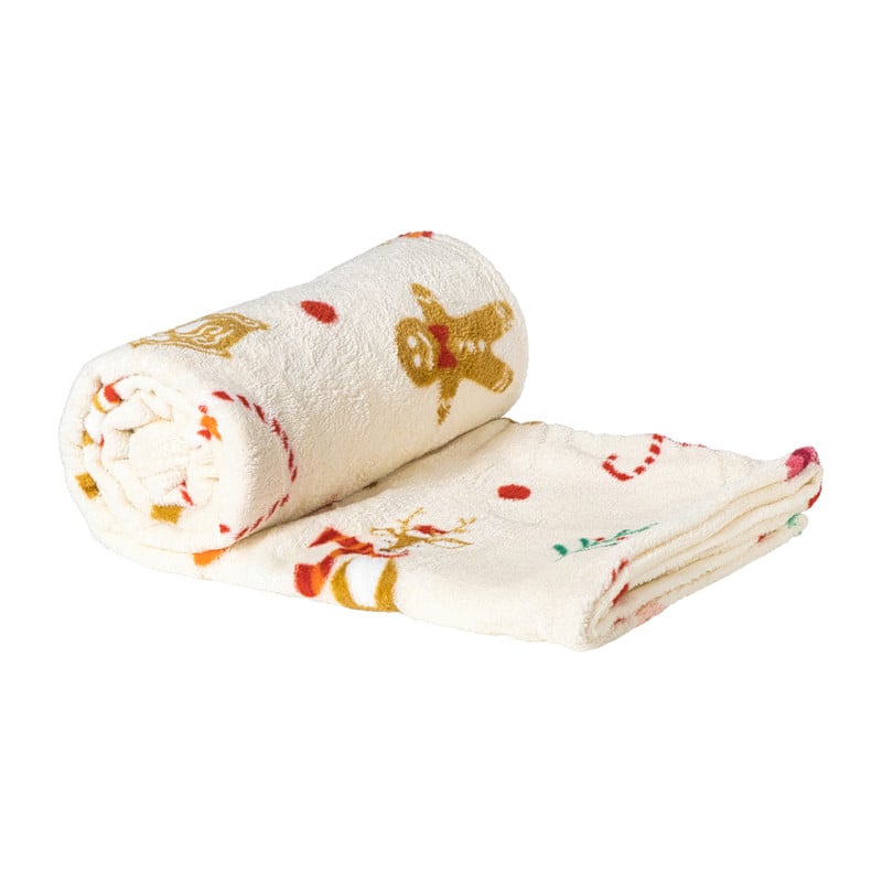 Kerst fleecedeken - beige/multikleur - 170x130 cm