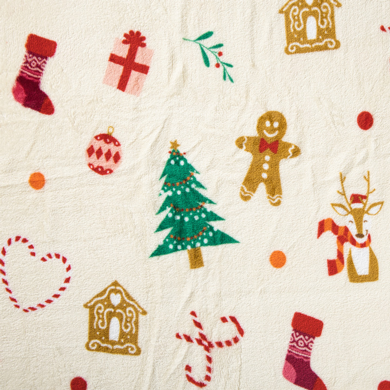 Kerst fleecedeken - beige/multikleur - 170x130 cm