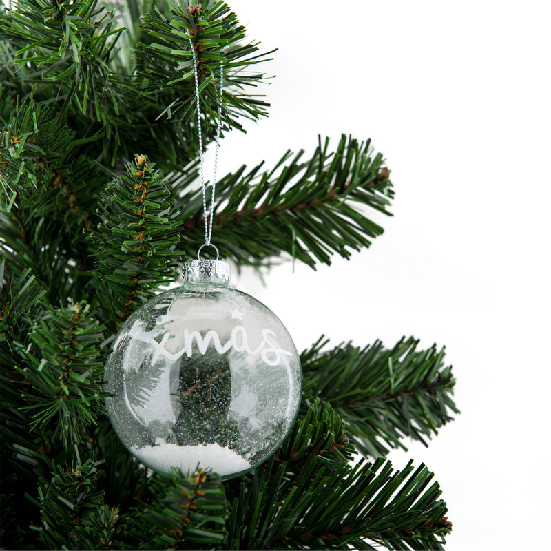 Kerstbal XMAS met sneeuw - transparant met ster - 8 cm