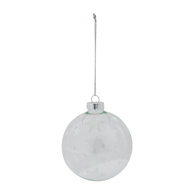 Kerstbal met sterren en sneeuw - transparant - 8 cm