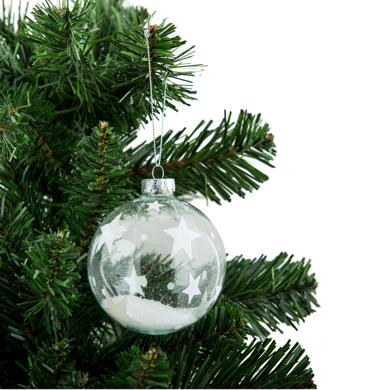 Kerstbal met sterren en sneeuw - transparant - 8 cm