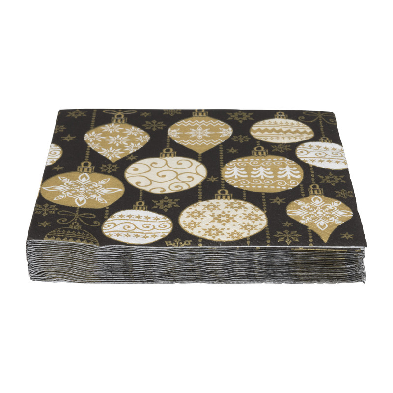 Servetten kerstballen - zwart/goud - set van 20 - 33x33 cm