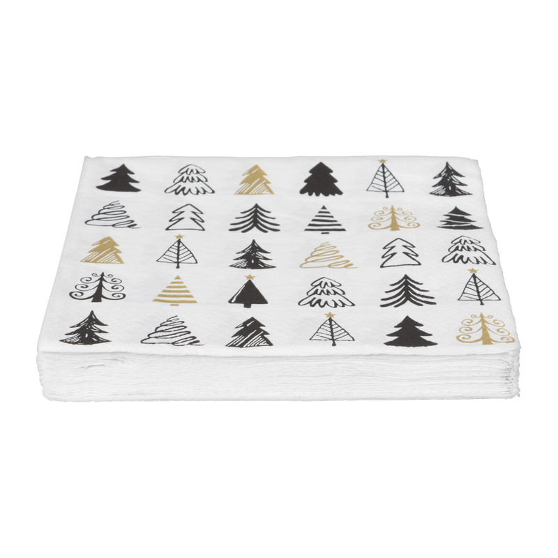 Servetten kerstbomen - zwart/wit/goud - set van 20 - 33x33 cm 
