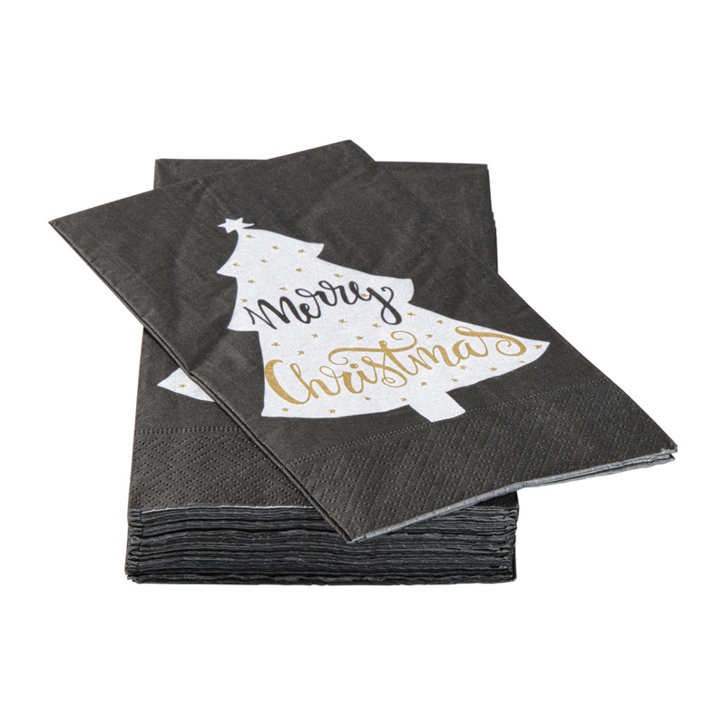 Servet merry christmas vouw - zwart - 33x33 cm