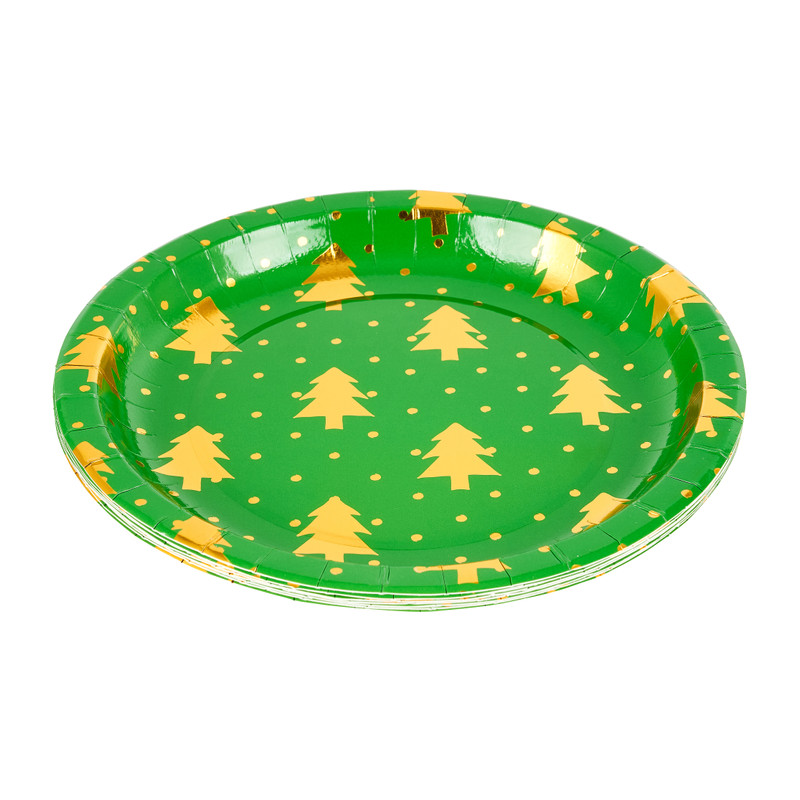 Papieren bordjes boom - groen/goud - Ø23cm - set van 8