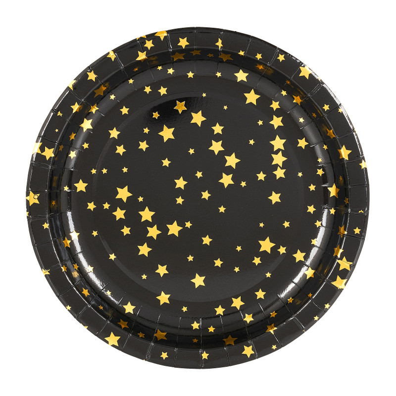 Papieren bordjes ster - zwart/goud - Ø23cm - set van 8