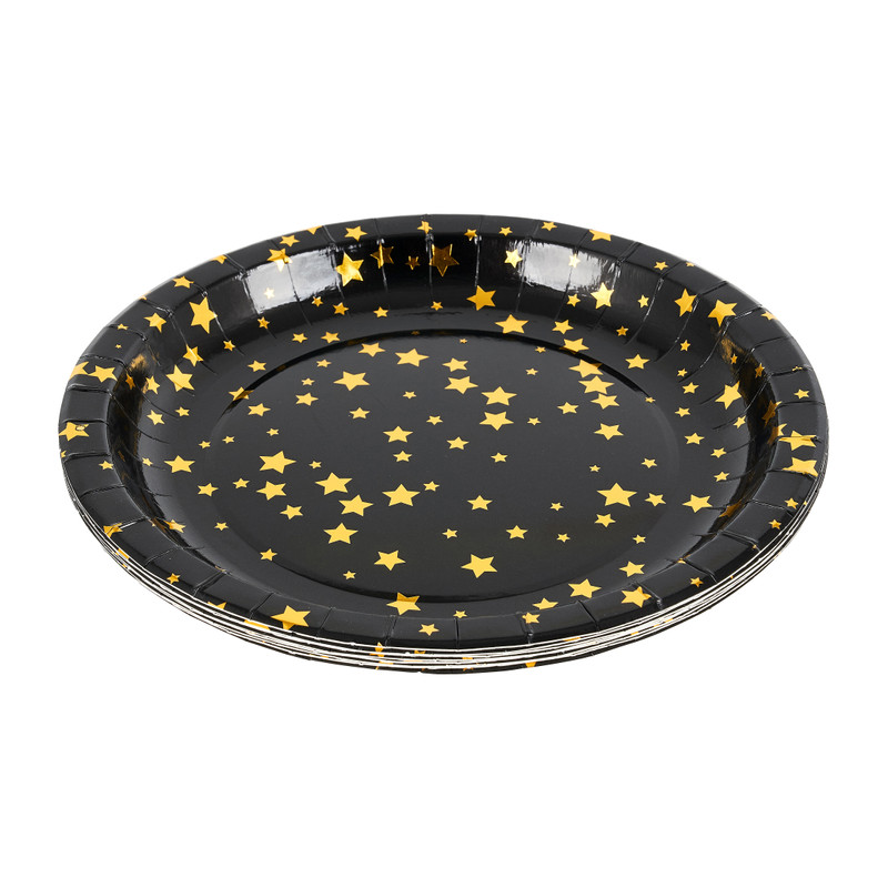 Claire bloem tanker Papieren bordjes ster - zwart/goud - Ø23cm - set van 8 | Xenos