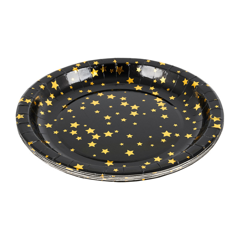 Papieren bordjes ster - zwart/goud - Ø23cm - set van 8