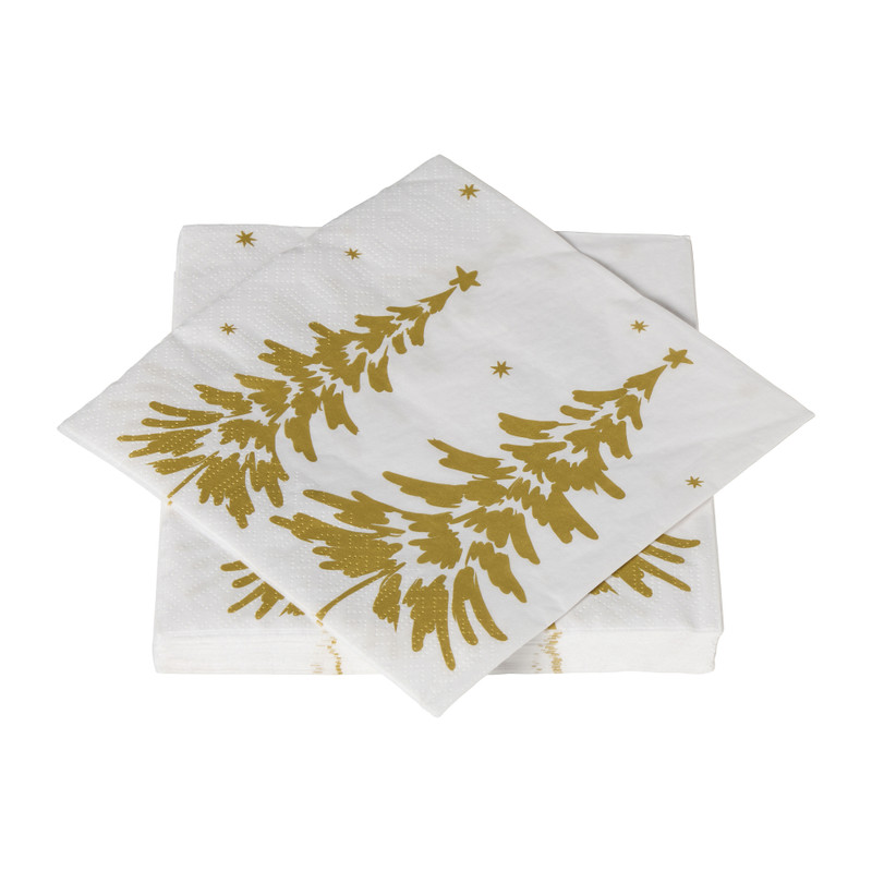 Servetten kerstboom - goud/wit - 33x33 cm