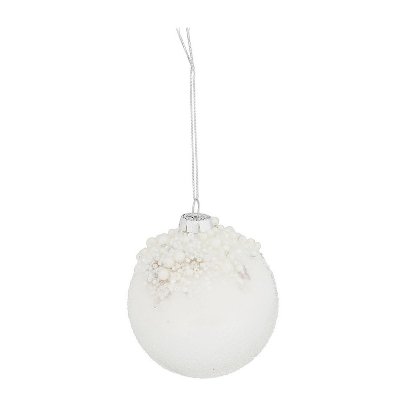 Kerstbal sneeuw en kraaltjes - 8 cm - zilver/wit