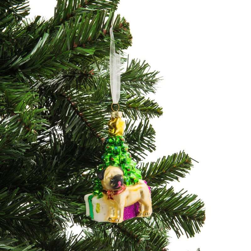 Kersthanger - hond met kerstboom - 7x11,5 cm