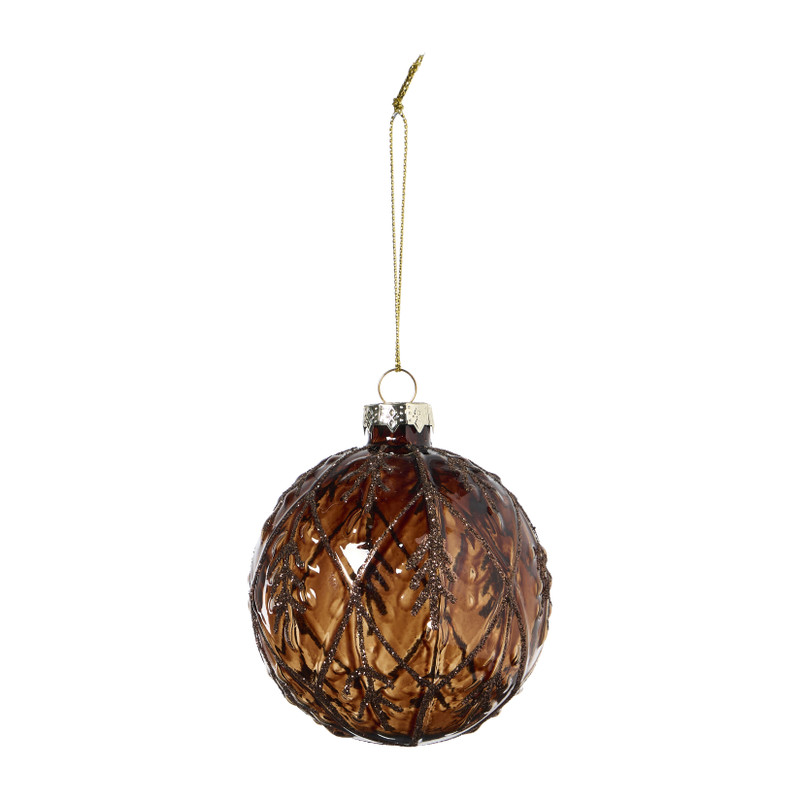Kerstbal bladeren - donkerbruin - ø8 cm