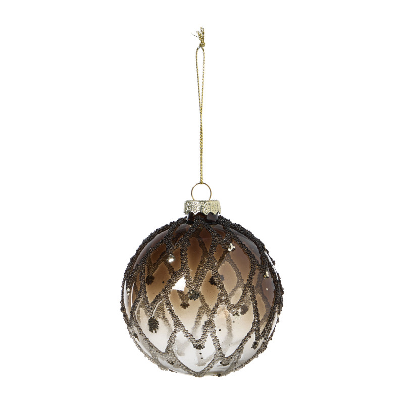 Kerstbal smoke met kraaltjes - bruin/beige - ø8 cm