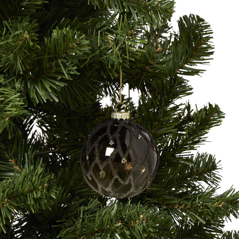 Kerstbal smoke met kraaltjes - bruin/beige - ø8 cm