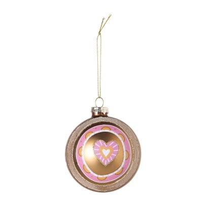 Kerstbal met hartje - roze/wit/goudkleurig - ø8 cm